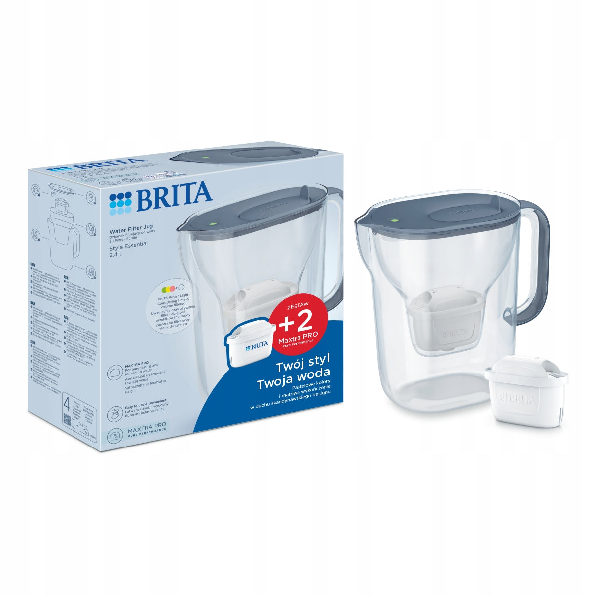 Brita dzbanek filtrujący Style Essential grafit + 2 filtry Pure Performance srebrny/szary