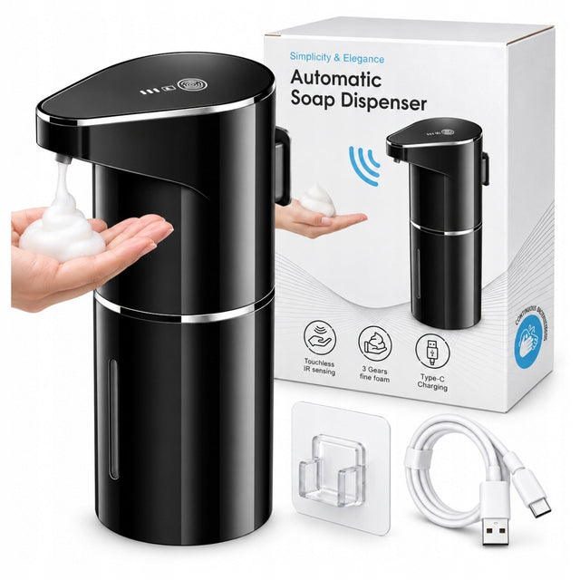 Dozownik mydła w pianie 350ml automatyczny bezdotykowy dyspenser czarny USB stojący, akumulatorowy, do łazienki