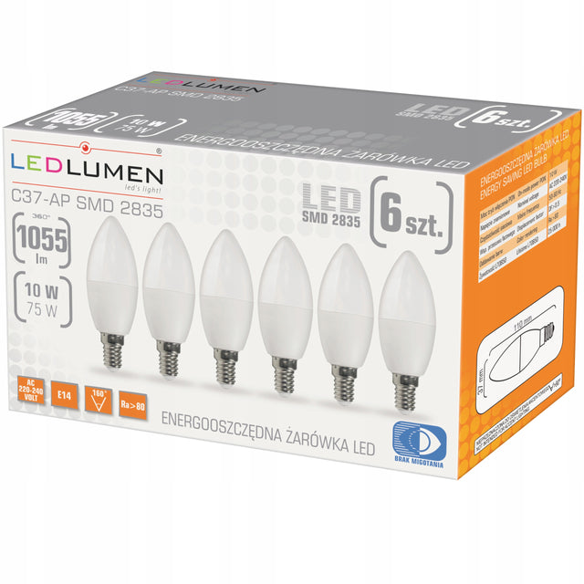 Zestaw 6x Żarówka LED E14 10W=75W Świeczka 1055lm Premium 160° Ciepła 3000K do żyrandoli, kinkietów i lamp, energooszczędne oświetlenie