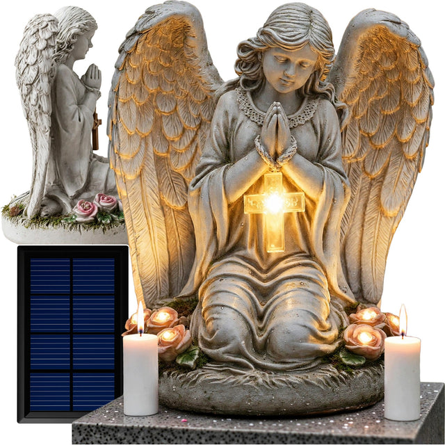 Anioł aniołek solarny na grób święto zmarłych podświetlany lampa led znicz figurka nagrobna 23 cm dekoracja cmentarna