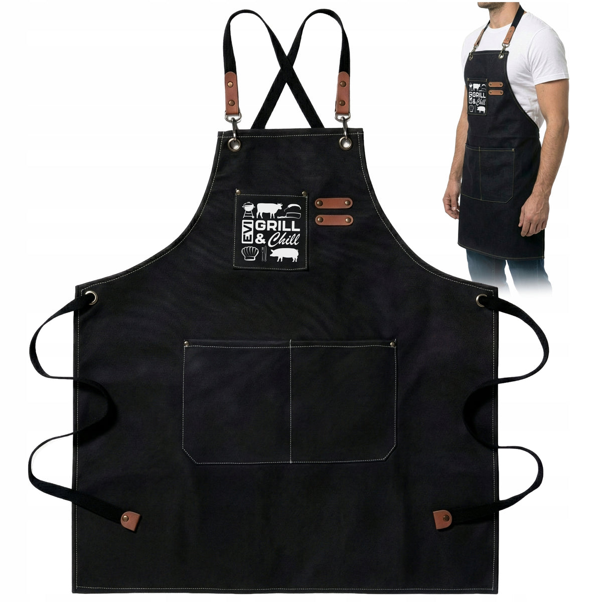 Fartuch kuchenny gastronomiczny ochronny do grilla wodoodporny z kieszenią zapaska bawełniana 68x77 cm
