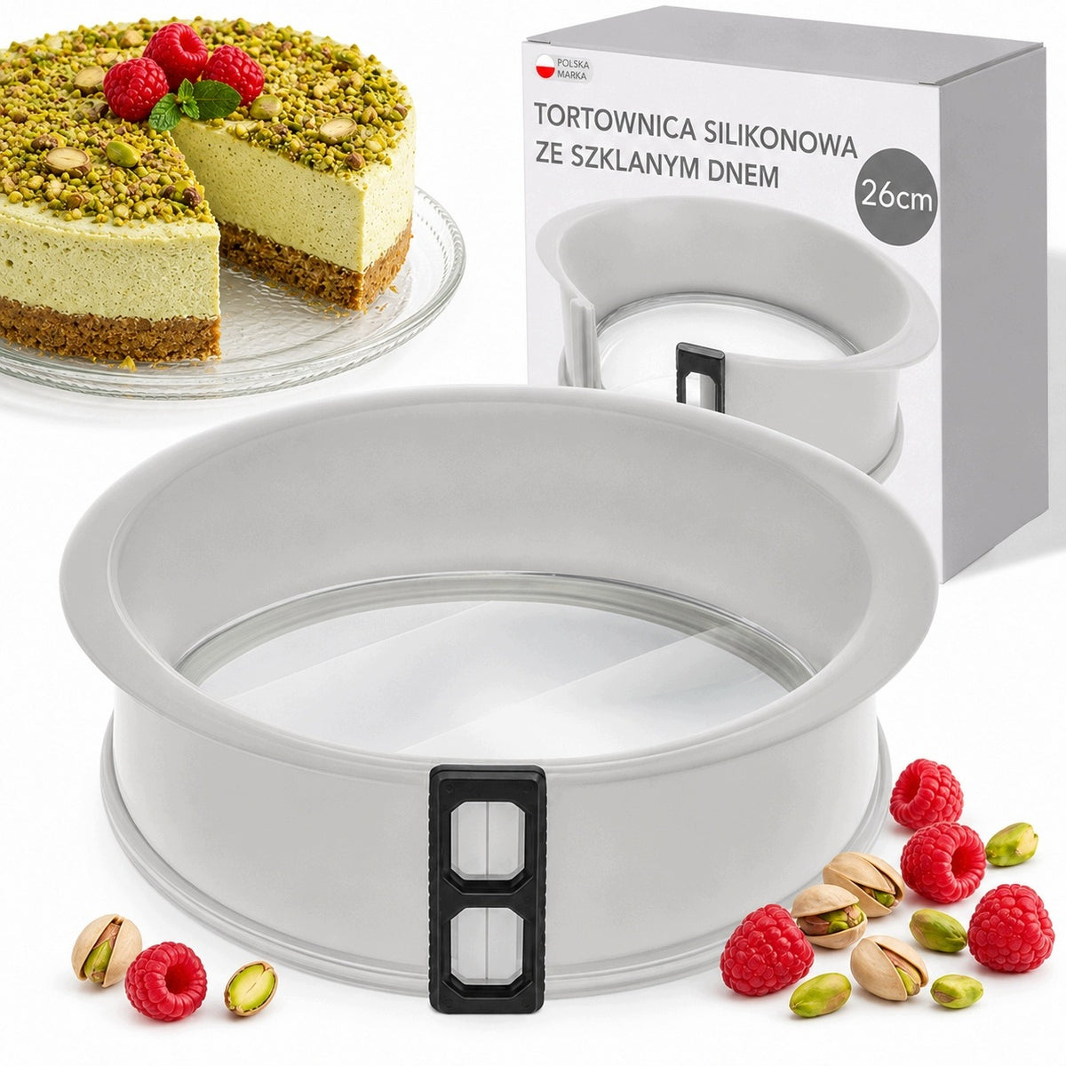 Tortownica silikonowa ze szklanym dnem okrągła forma do ciasta blacha 26cm sernik, biszkopt, wyjmowane dno, mycie w