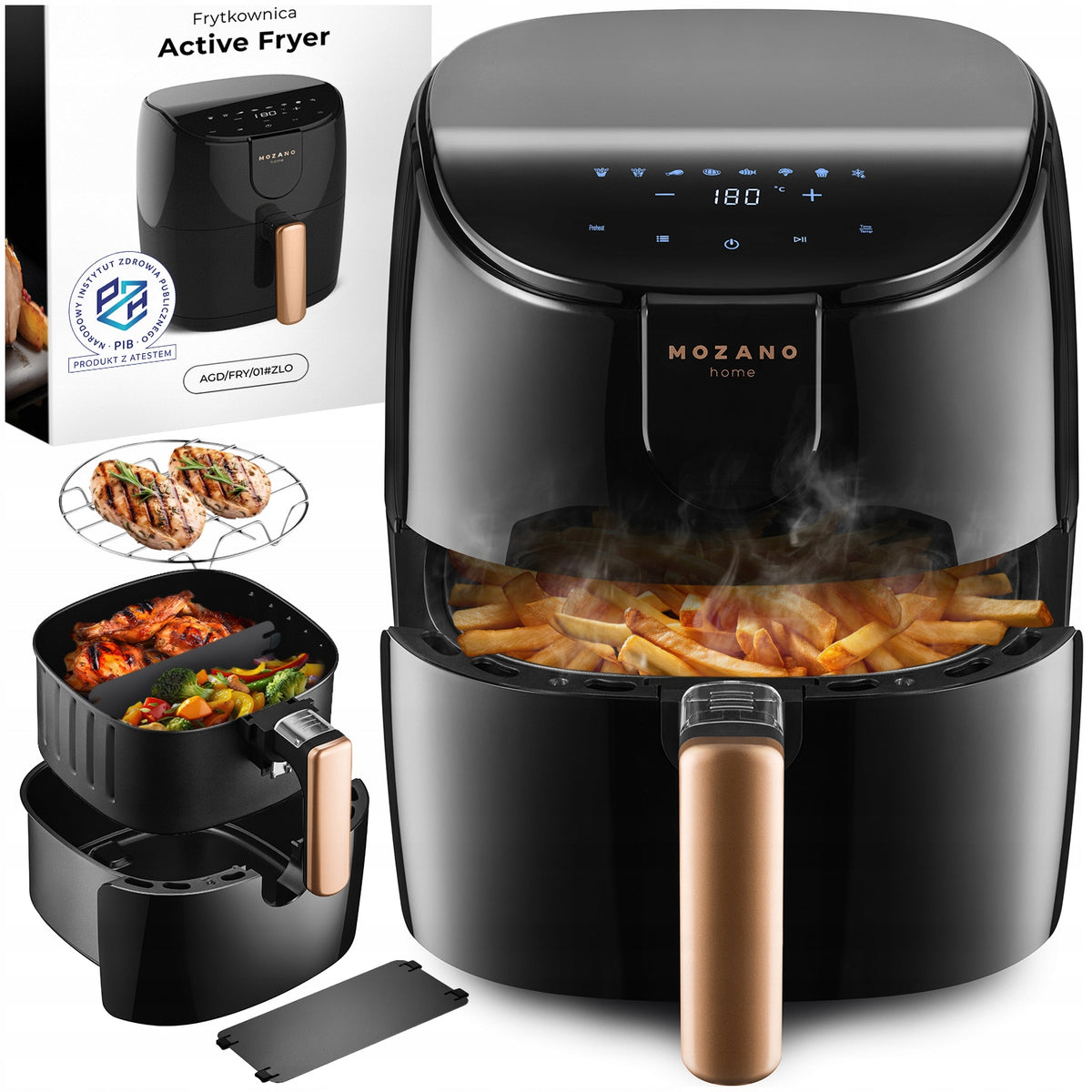 Frytkownica beztłuszczowa 4l złota AIR fryer separator 8 programów mocna 1500 w czarny