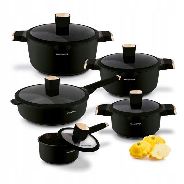 Zestaw garnków indukcja komplet patelnia z pokrywką rondelek Black Rose 10 elementów, aluminium, powłoka non-stick, na gaz, ceramikę i prąd