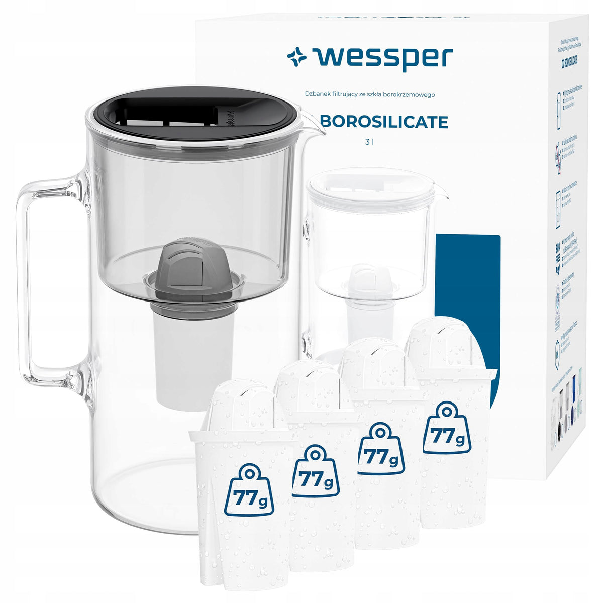 Dzbanek filtrujący szklany Wessper D2 borosilicate 3l + 5 filtr AquaClassic czarny