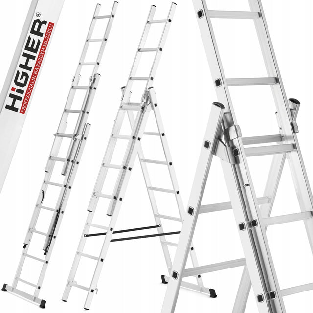 Drabina aluminiowa wielofunkcyjna z adaptacją na schody 3x7 higher 150kg drabinka do prac remontowych i budowlanych, wysokość robocza 4,25 m