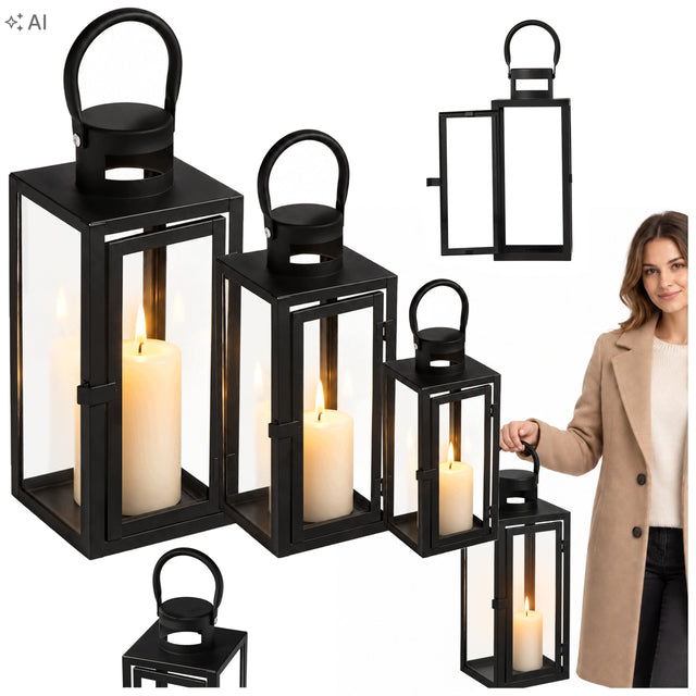 3X lampion szklany duży czarny Latarnia Lampa Zestaw Lampionów lampiony dekoracja do domu, ozdoba wnętrza, metalowo-szklany, 65 cm