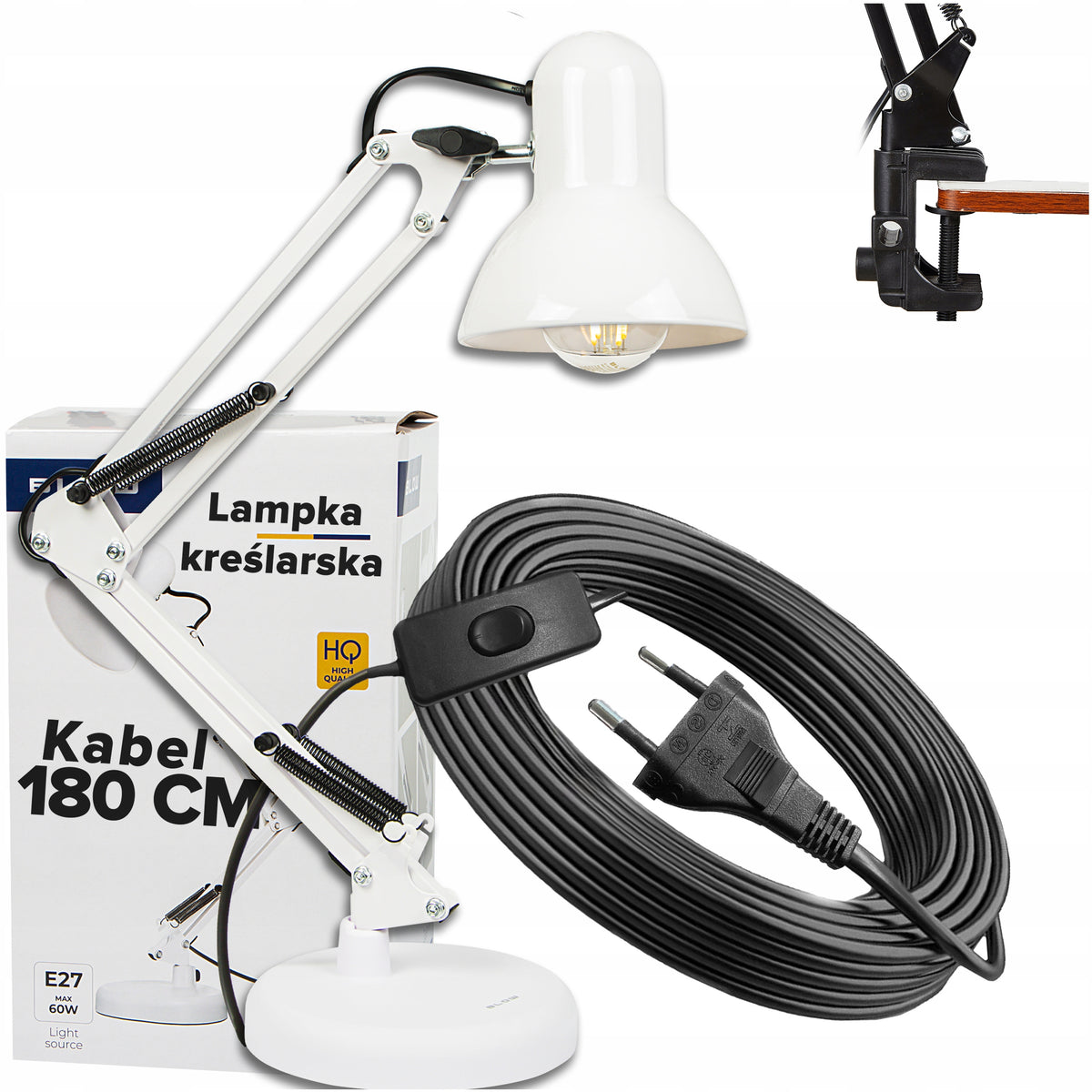 LAMPKA NOCNA KREŚLARSKA NA BIURKO BIURKOWA DO CZYTANIA E27 KABEL 180CM oświetlenie zadaniowe, do pracy i nauki, biała