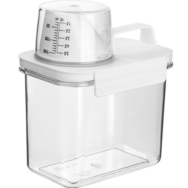 Pojemnik pudełko organizer z miarką na proszek płyn do prania płukania 1,1l 1100 ml bezbarwny, biały
