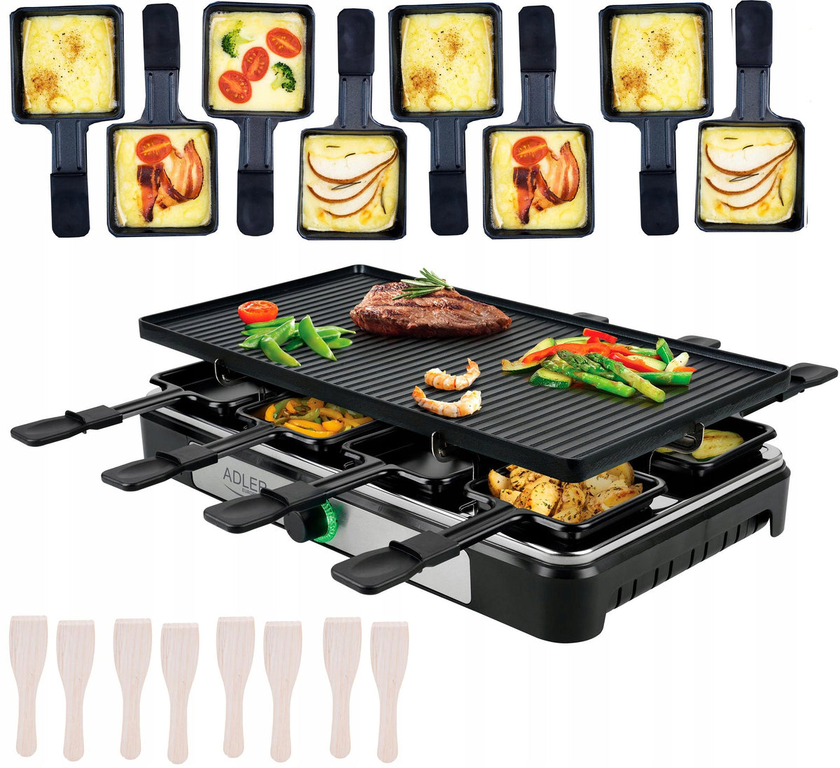 Grill elektryczny raclette duży XL 8 osób mocny 1400W patelenki szpatułki nominalna