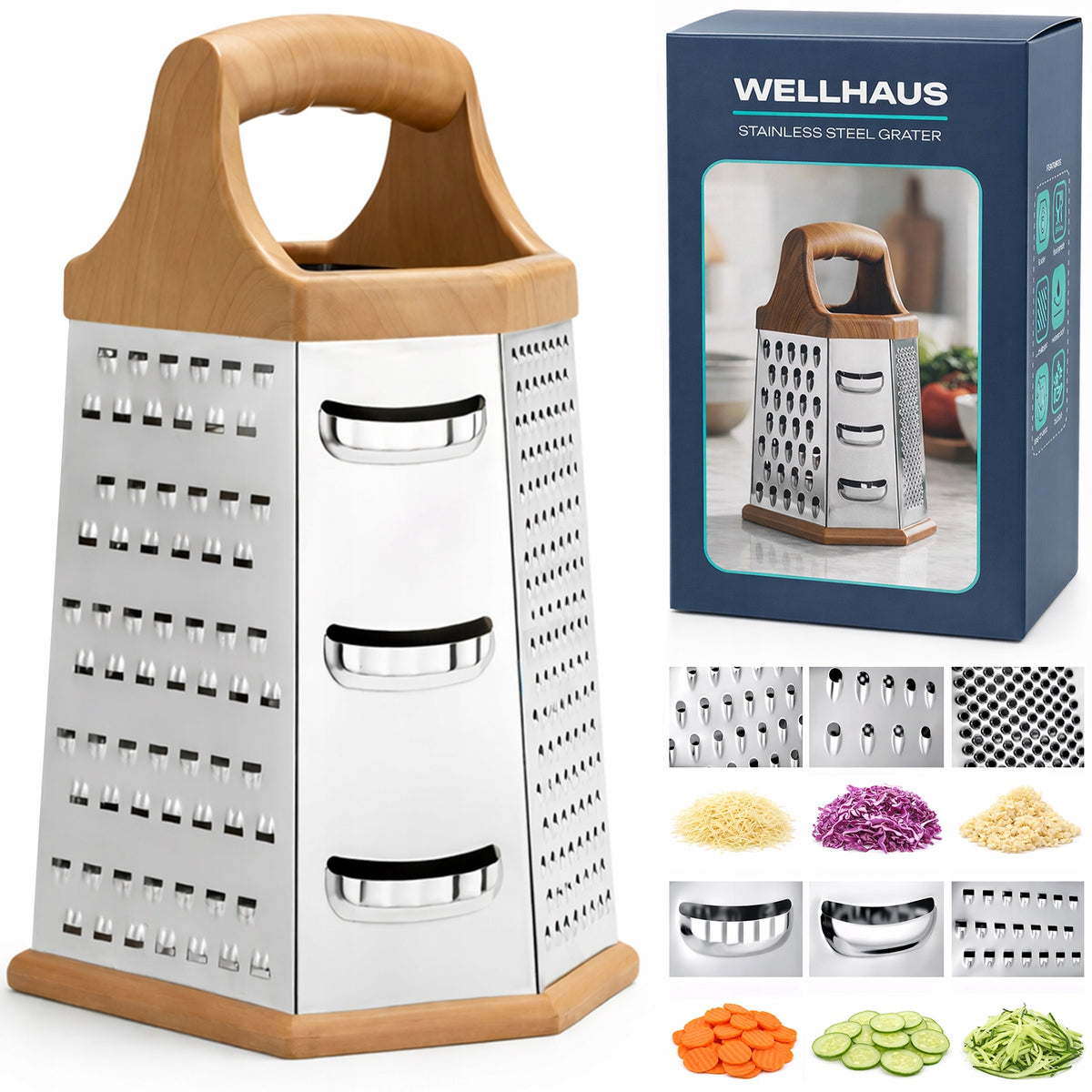 TARKA KUCHENNA STALOWA 6-STRONNA DO WARZYW OWOCÓW ANTYPOŚLIZGOWA WELLHAUS