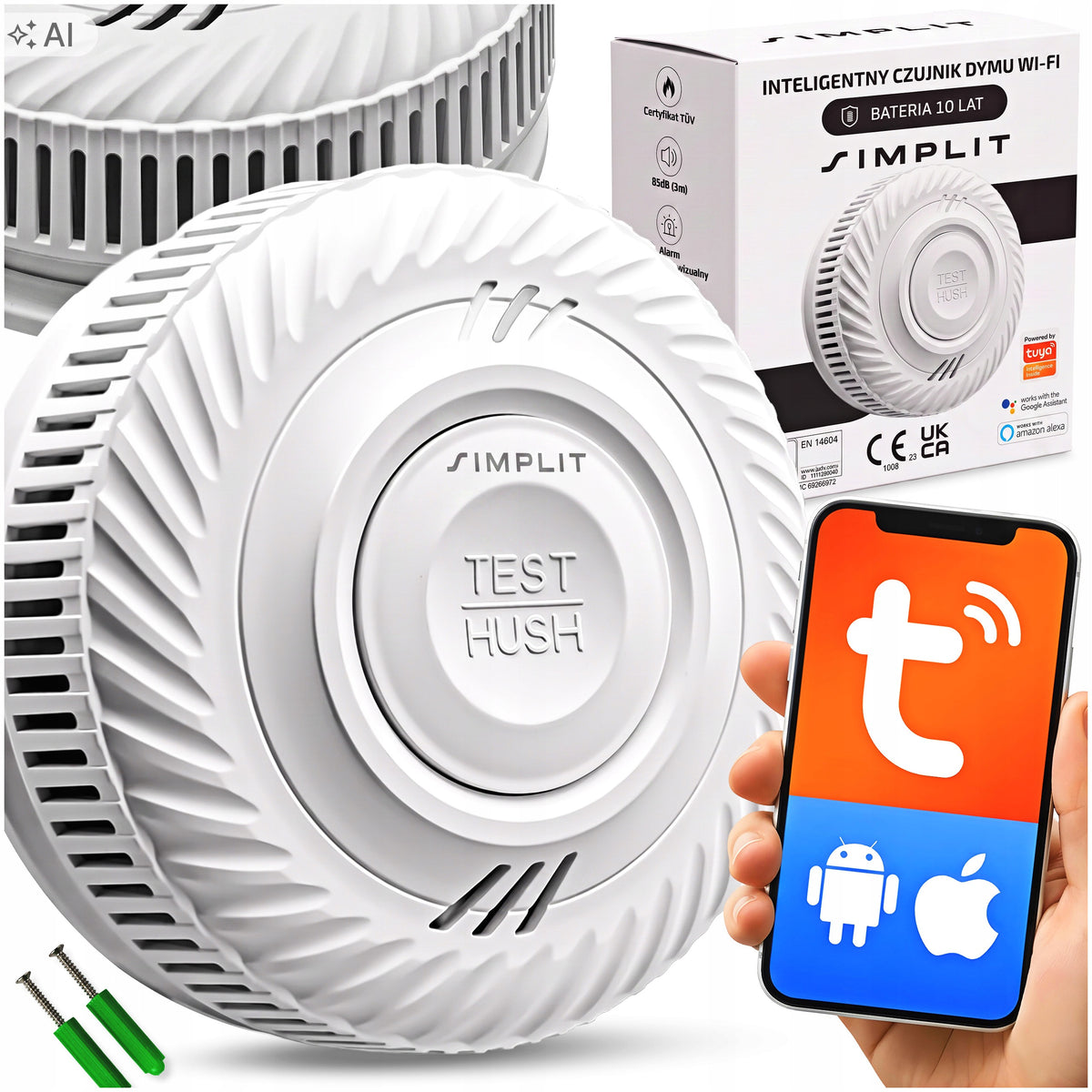 Czujnik dymu inteligentny wifi tuya certyfikowany TUV simplit 60m2 10 letni bezprzewodowy alarm przeciwpożarowy do domu