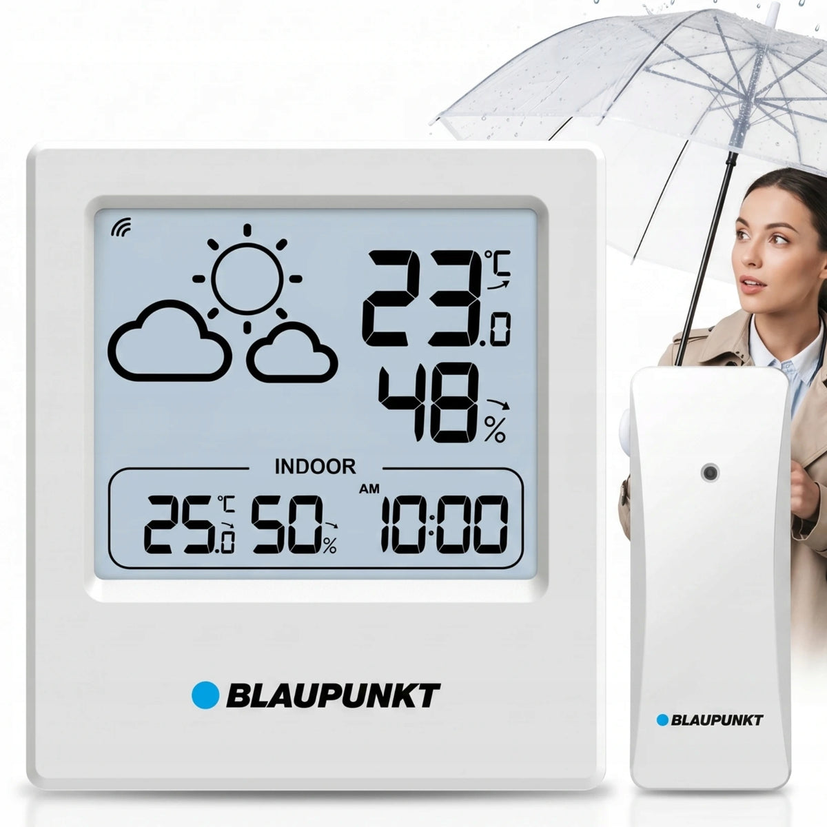 Stacja Pogodowa Blaupunkt WS10WH Bezprzewodowy Czujnik Termometr Higrometr zegar, prognoza, pomiar temperatury i