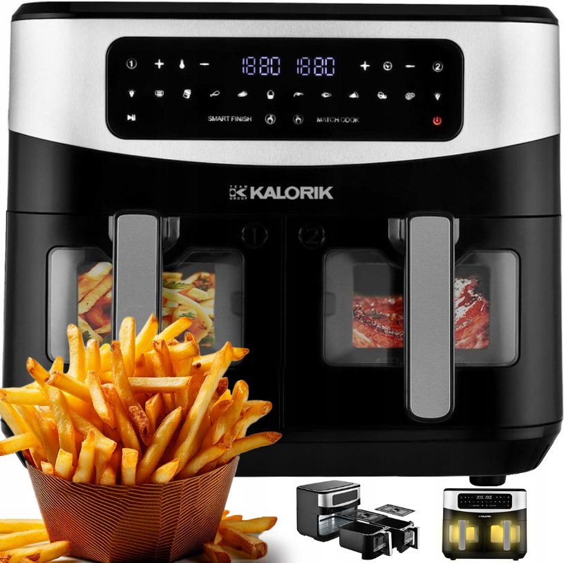 Frytkownica beztłuszczowa dwukomorowa AIR fryer 10l XL 2600W okno podglądu czarny
