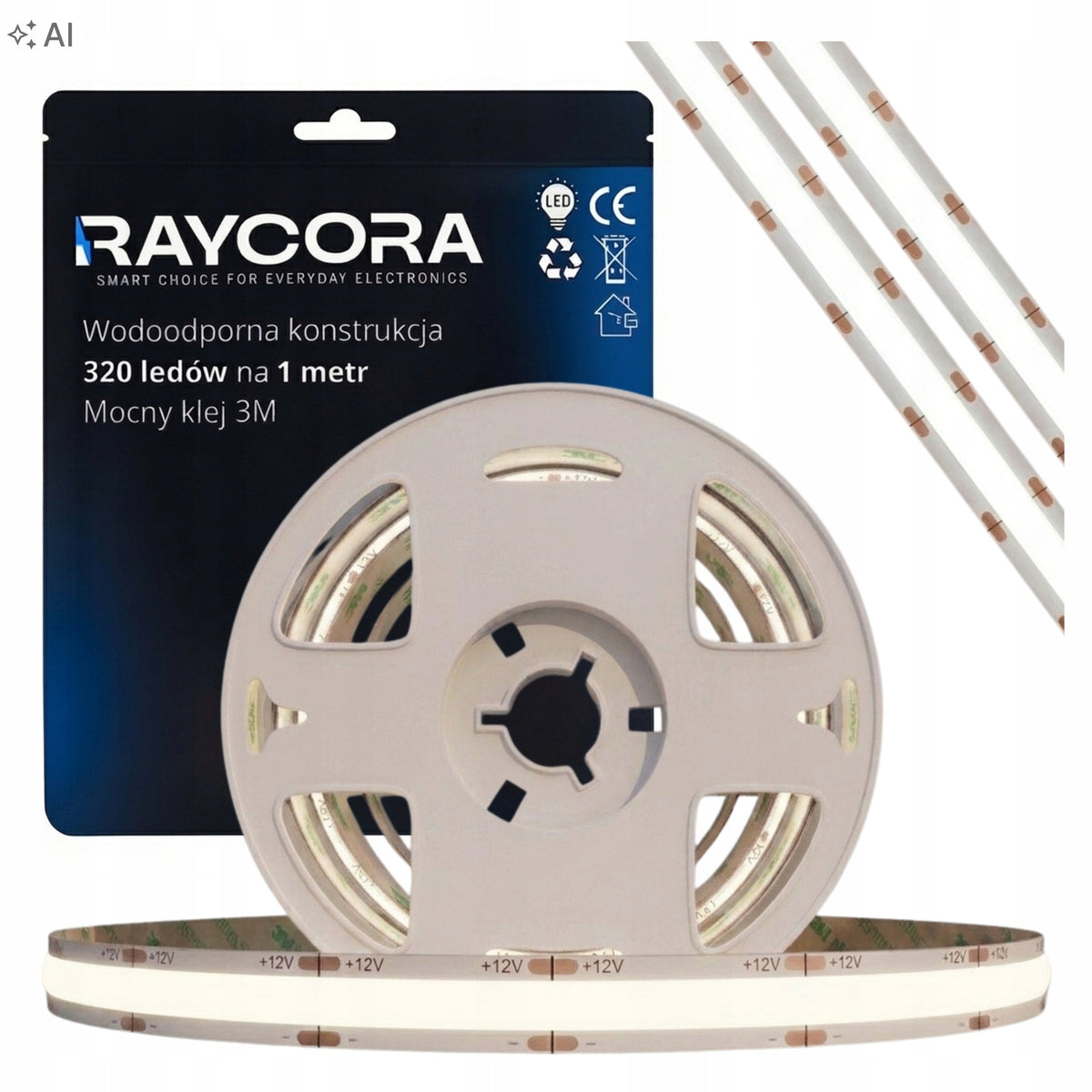Taśma LED 12V COB 10m IP20 Światło 320LED/metr Mocna 4000K Biała Neutralna pasek świetlny do wnętrz, podświetlenie