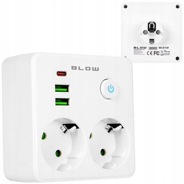 Przedłużacz rozdzielacz rozgałeźnik 2 gniazda włącznik listwa 2X USB typ-c adapter zasilający do domu i biura, gniazdka z uziemieniem, biały, bez
