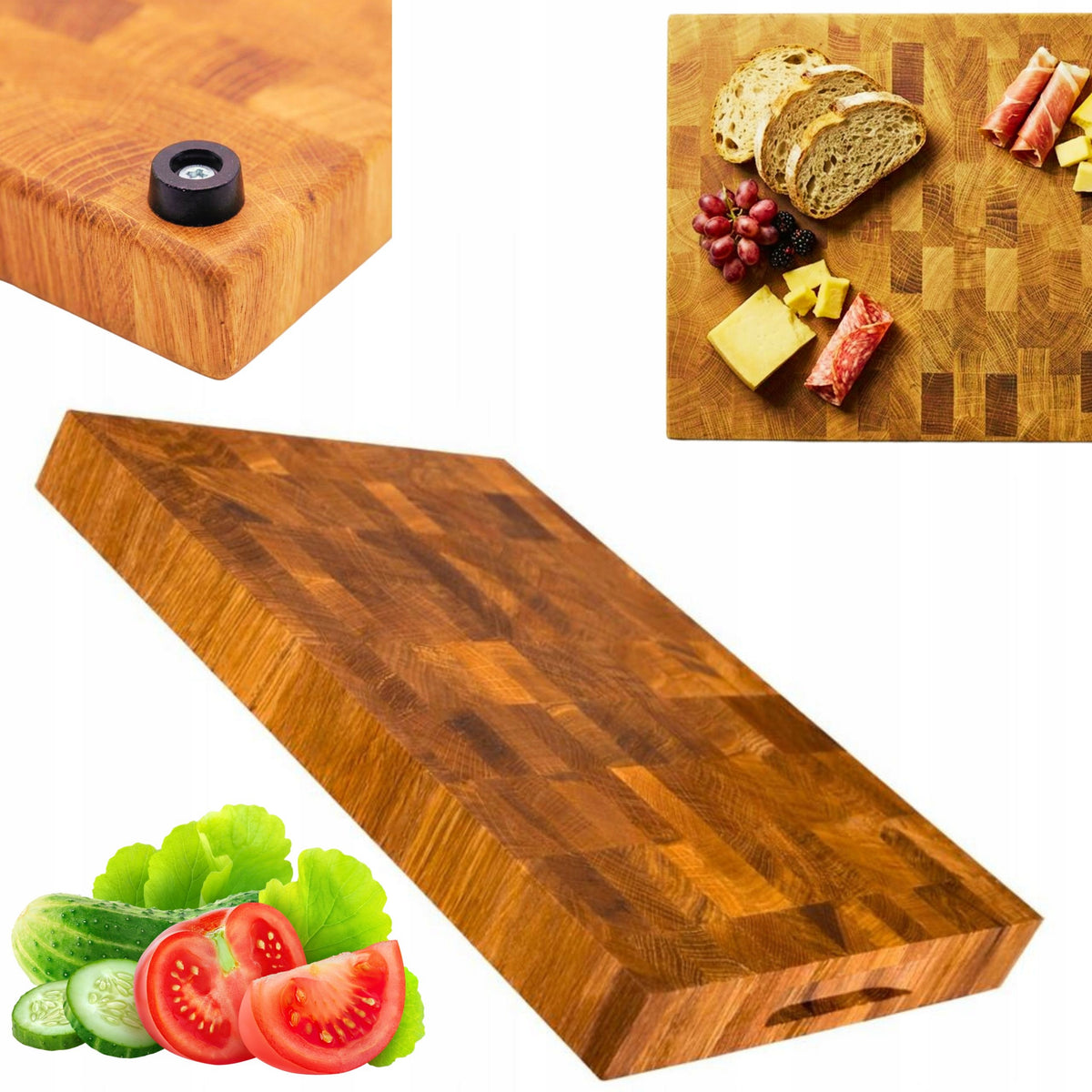 Deska do krojenia sztorcowa End-Grain dębowa duża 40x30 premium, stopki drewniany blok kuchenny do siekania, prostokątny