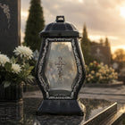 Duży znicz kapliczka na grób wszyskich świętych lampion czarny +srebro oświetlenie nagrobne LED 39 cm