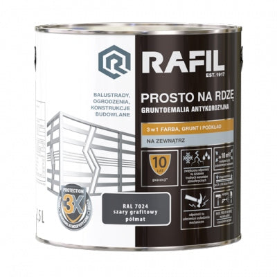 Rafil Na rdzę półmat szary grafitowy 2,5l farba olejno-ftalowa antykorozyjna do metalu, wydajność 10 m²/l