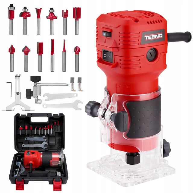 Teeno Frezarka górnowrzecionowa 650W + 12 głowic z plastikową obudową do obróbki i profilowania materiałów, zasilanie sieciowe 230 V, 32000 obr/min