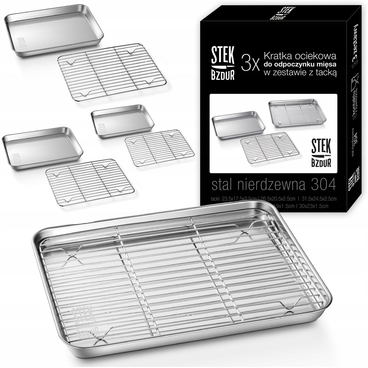Zestaw 3x Kratka Ociekowa z Tacką do Odpoczynku Mięsa Pieczenia Chłodzenia ruszt metalowy 31,5 x 24,5 cm, mycie w