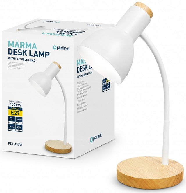 Designerska lampka biurkowa nocna styl skandynawski 40W E27 + drewno lampa stołowa biała 36 cm zasilana sieciowo bez żarówki