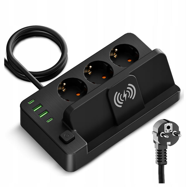 Przedłużacz Listwa Zasilająca Sieciowa 3m 3x 230V Ładowarka USB Indukcja gniazda z uziemieniem, kabel w gumowej izolacji, czarna, 10A