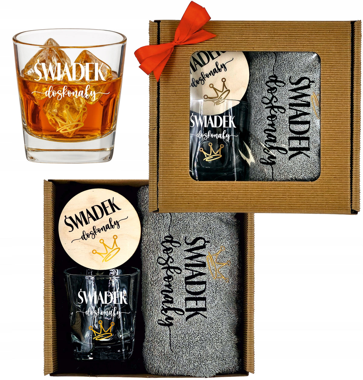 PREZENT dla ŚWIADKA świadkowej ślub podziękowanie ręcznik szklanka whisky haftowany 50x100 cm szary 410-500 GSM OEKO-TEX