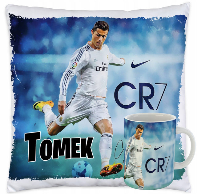 Kubek i Poduszka dla fana cristiano ronaldo CR7 + imię różne wzory zestaw upominkowy, gadżet kibicowski z nadrukiem, upominek piłkarski