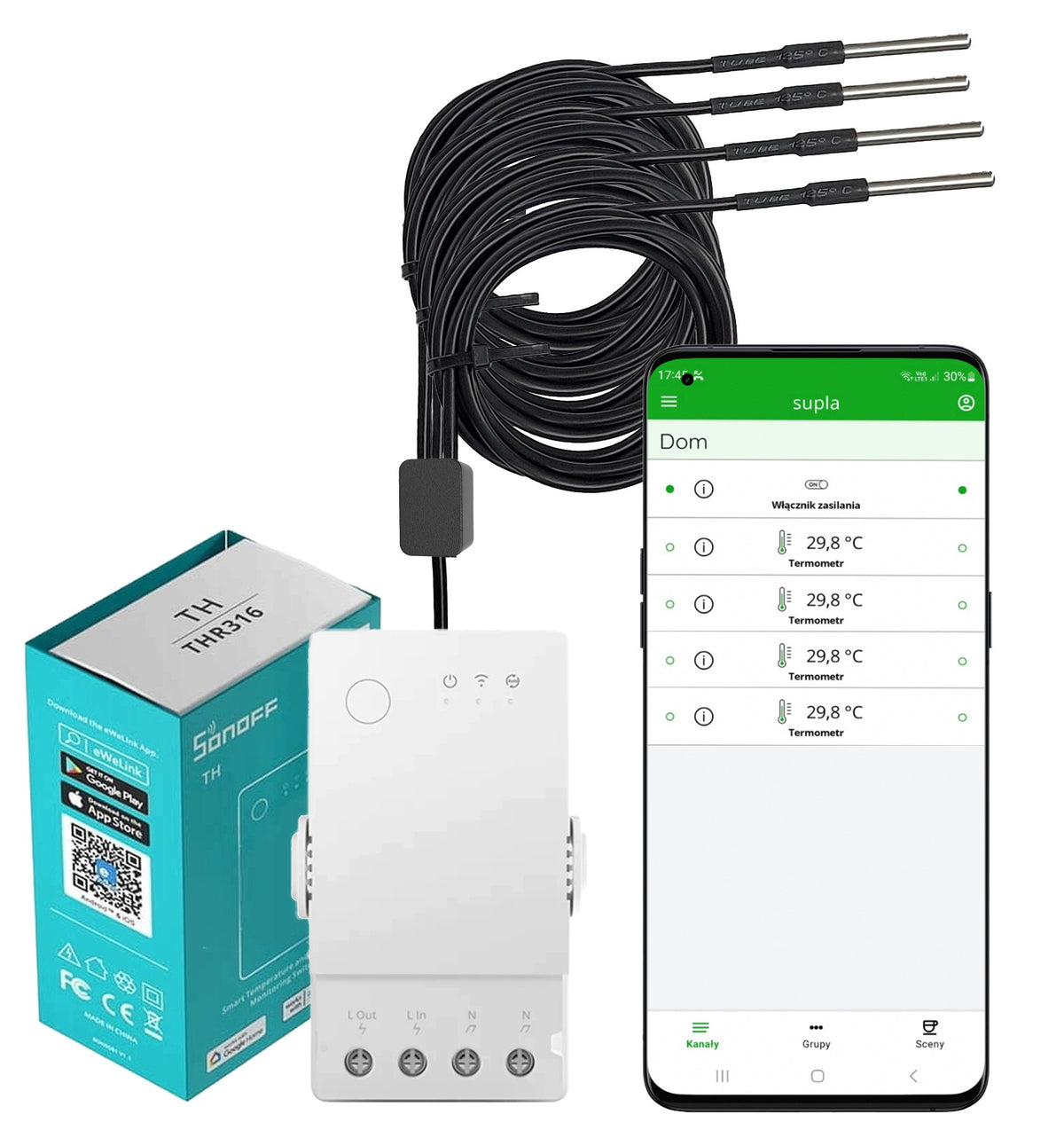 Czujnik temperatury termostat WiFi wgrana supla Sonoff THR316 DS18B20 4x2mb do automatyki domowej, sterowanie grzaniem