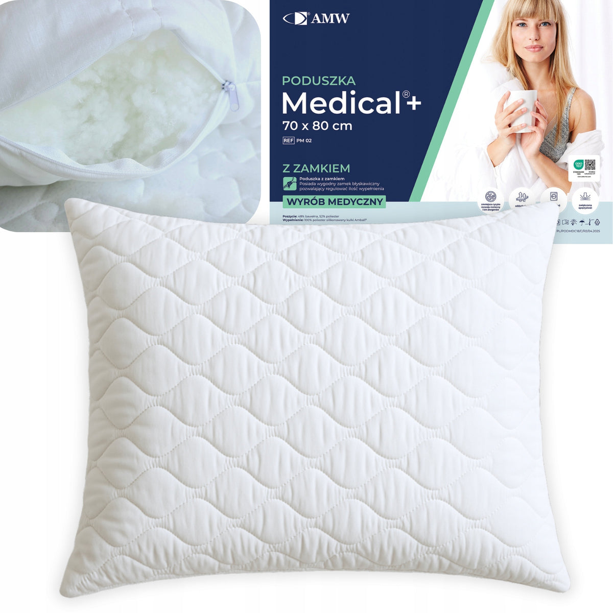 Poduszka Medical+ 70x80 Antyalergiczna poduszki DO SPANIA NA ZDROWY SEN wkład poliestrowy silikonowany 1000 g dla