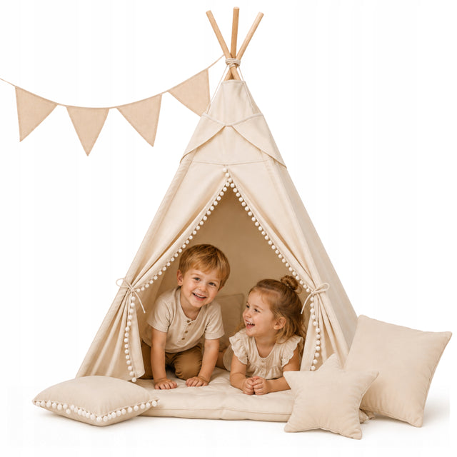 Namiot dla Dzieci Tipi Domek Wigwam dla Dziewczynki Chłopca Girlanda iglo do zabawy mata poduszka pompony beżowe 180 cm od 6 miesięcy kryjówka