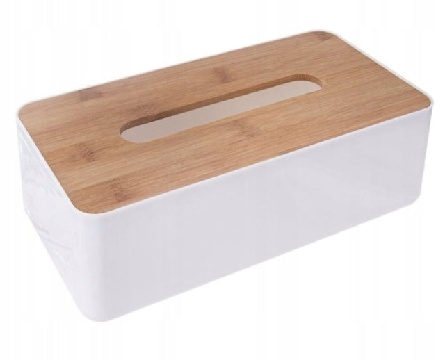 Pojemnik pudełko na chusteczki chustecznik biały bambus podajnik 21x11x8 serwetnik, z pokrywką, drewno i tworzywo sztuczne