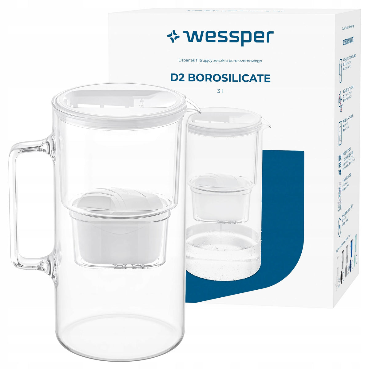 Dzbanek szklany wessper D2 borosilicate 3l + 1x wkład filtr wody wessper dzbanek filtrujący biały