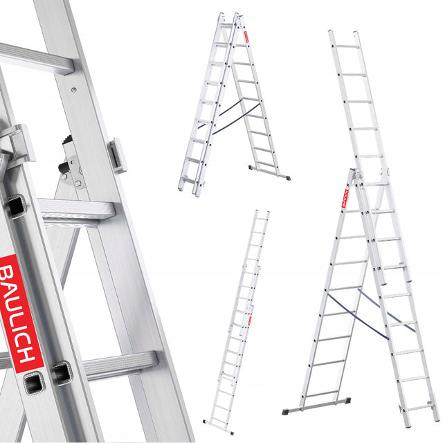 Drabina aluminiowa 3x9 wielofunkcyjna uniwersalna 150 kg baulich hak trójsegmentowa do prac remontowych wysokość robocza 5,47 m