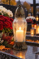 ZNICZ SZKLANY NAGROBNY 4SZT OZDOBNY ZESTAW DUŻY 30 CM + WKŁADY DO ZNICZY lampion cmentarny parafinowy, dekoracja na grób