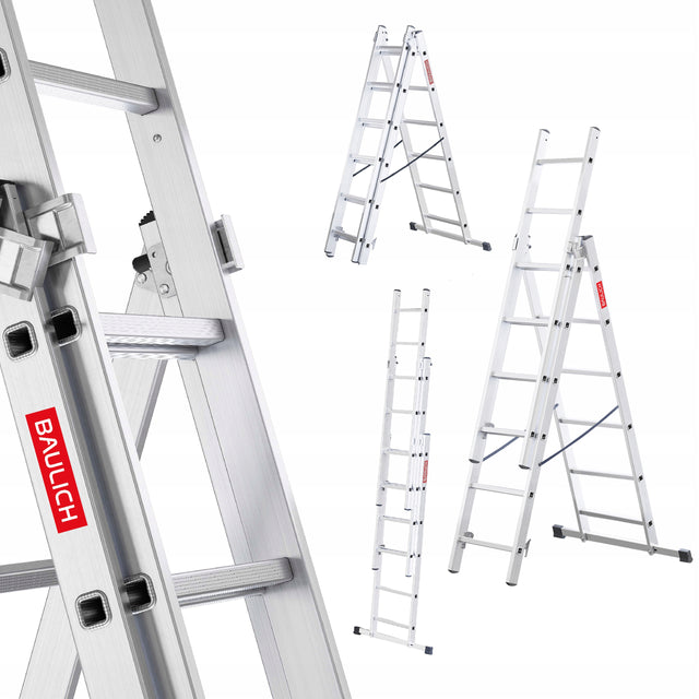 Drabina aluminiowa 3x6 wielofunkcyjna uniwersalna 150kg baulich hak do prac montażowych i budowlanych, 3-elementowa, wysokość robocza 3,98 m