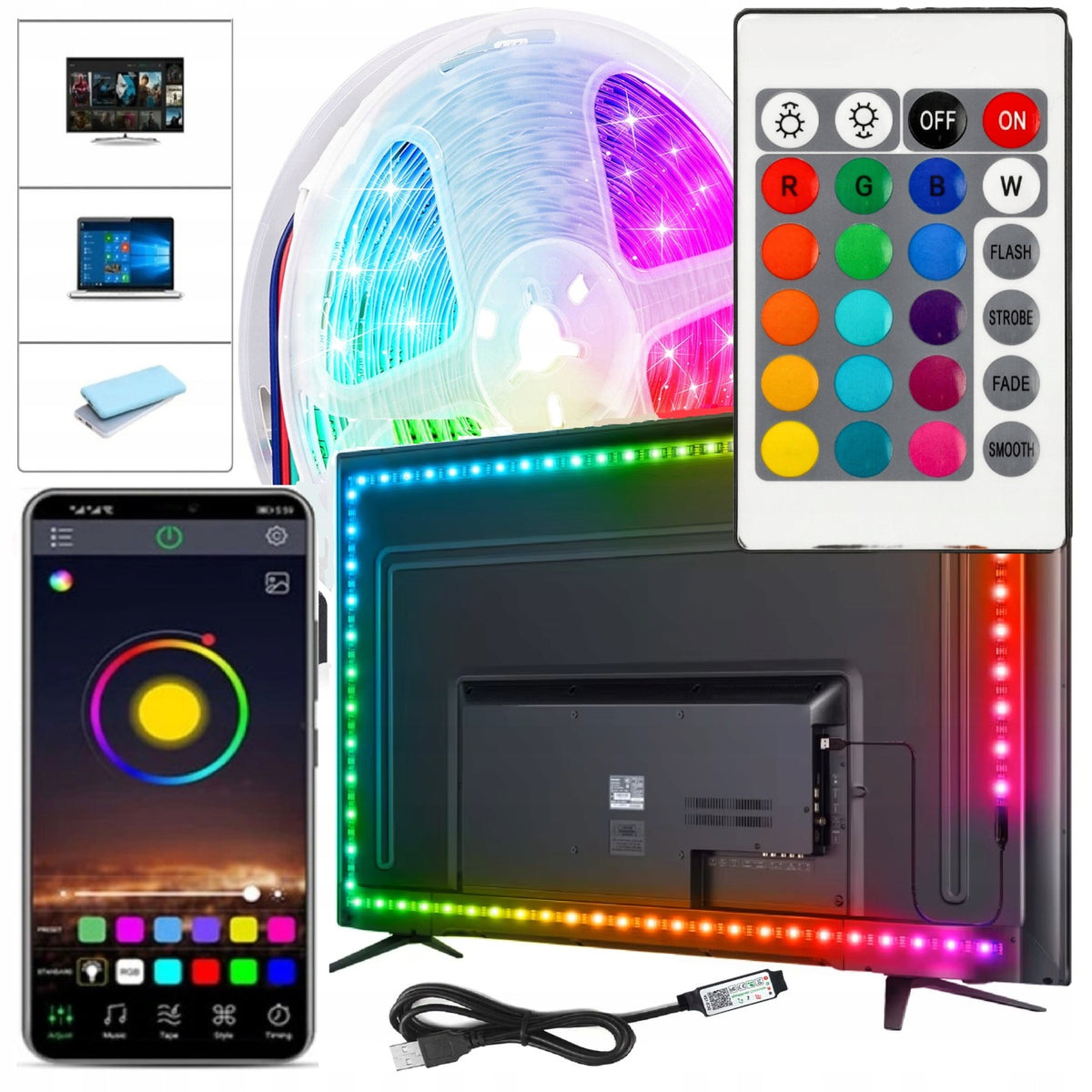 Taśma LED 4m TV Telewizora Podświetlenie RGB USB pilot Aplikacja bluetooth dekoracyjne oświetlenie ekranu