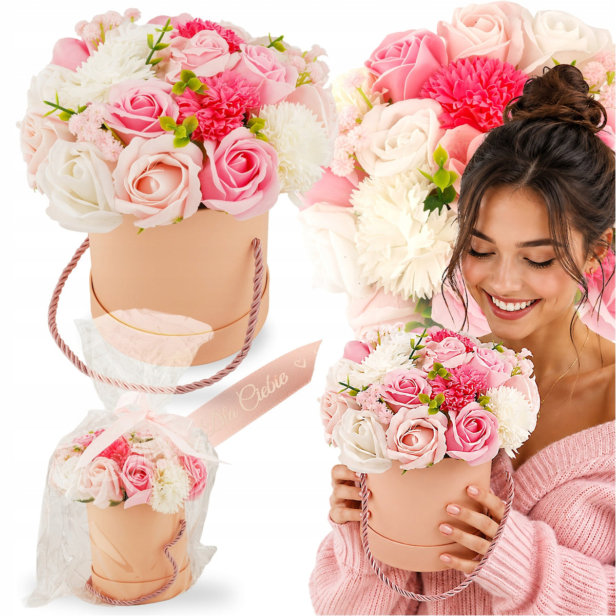 Flowerbox z kwiatami mydlanymi 22 SZT bukiet w pudełku prezent flower BOX pachnąca dekoracja do wnętrz, 20 cm, na