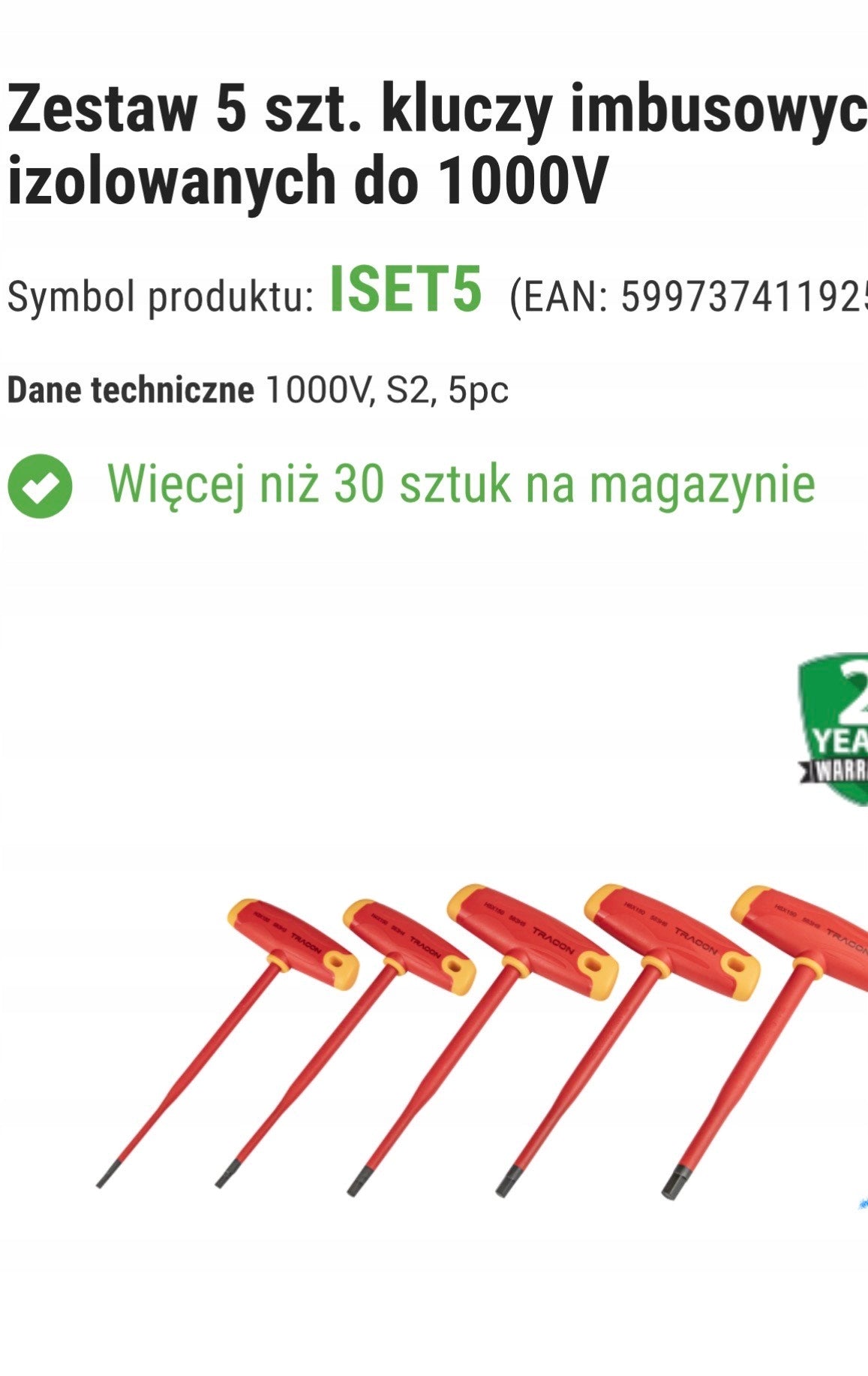 Zestaw kluczy imbusowych Tracon 5 szt. izolowanych do 1000 V wkrętaki sześciokątne dla elektryka, narzędzia ręczne