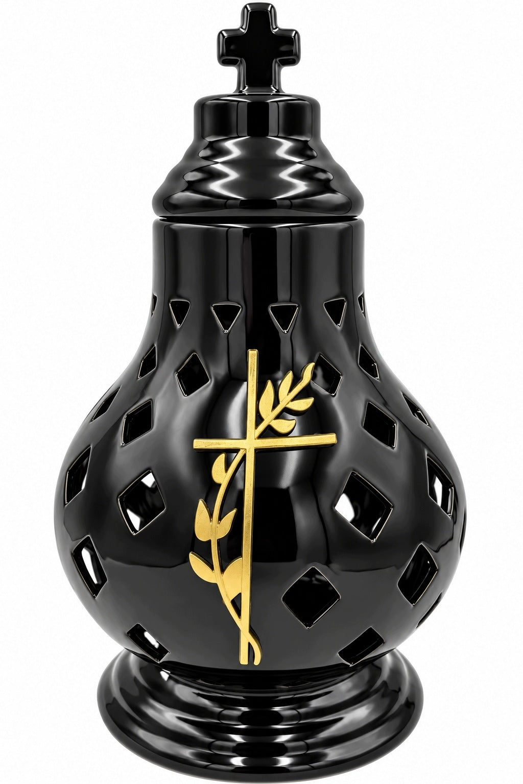 Znicz ceramiczny ażurowy czarny kremowy z krzyżem lampion nagrobny premium dekoracja na cmentarz, ozdoba na grób 38 cm