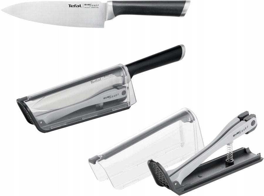 Nóż 16,5 cm TEFAL EverSharp z ostrzałką stal nierdzewna kucharski do mięsa i warzyw, z plastikową rękojeścią