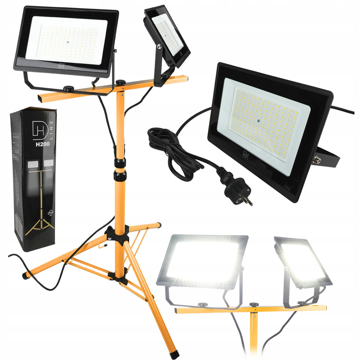 Stojak Statyw 200W LED Naświetlacz Lampa Robocza Halogen Budowlany 2x 100W reflektor warsztatowy IP65 18000 lm zimne