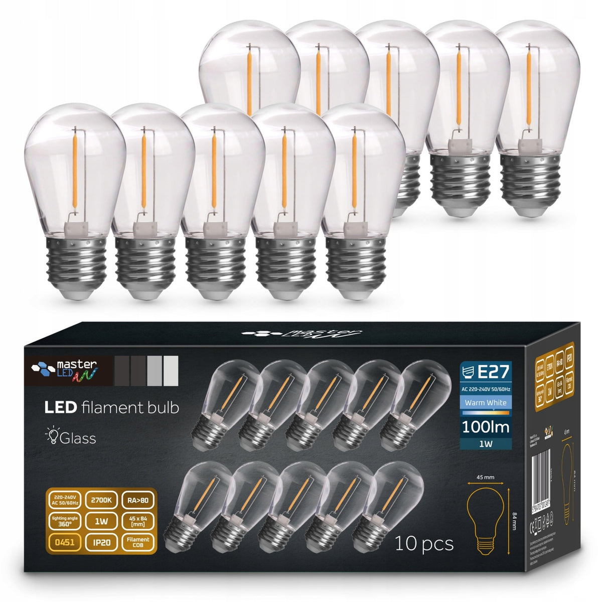 10x Żarówka LED E27 ST14 filament 1W biały ciepły 2700K edison do girland dekoracyjna 100 lm, ozdobne źródło światła na