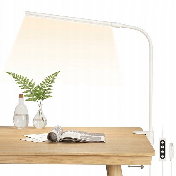 Lampka na Biurko Biurkowa LED 3 Kolory 10 Jasności Nocna USB Biała Klipsem do czytania, regulowane ramię, ściemniana, oświetlenie zadaniowe