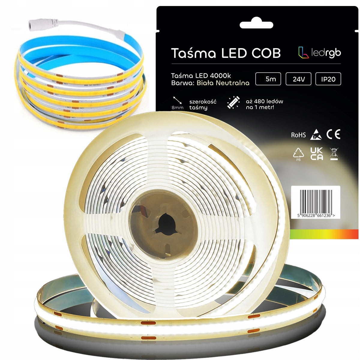 Taśma LED Neon COB 24V 5m 480 diod 4000K biała neutralna homogeniczna 8mm wąż świetlny, oświetlenie dekoracyjne IP20