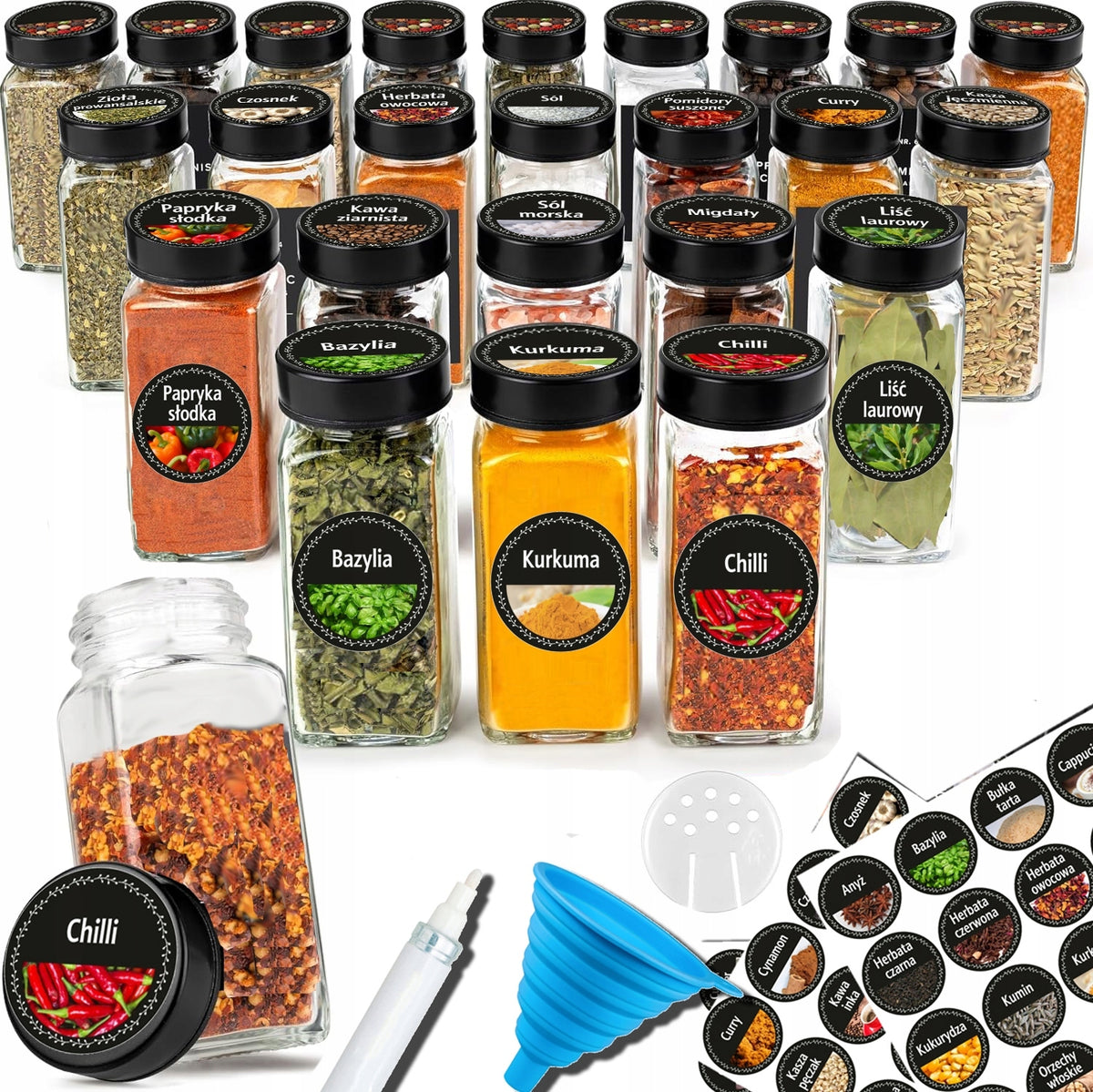 24x szkalne pojemniki na przyprawy słoiczki 144 naklejki lejek słoiki do ziół i produktów sypkich, 120 ml, można myć w