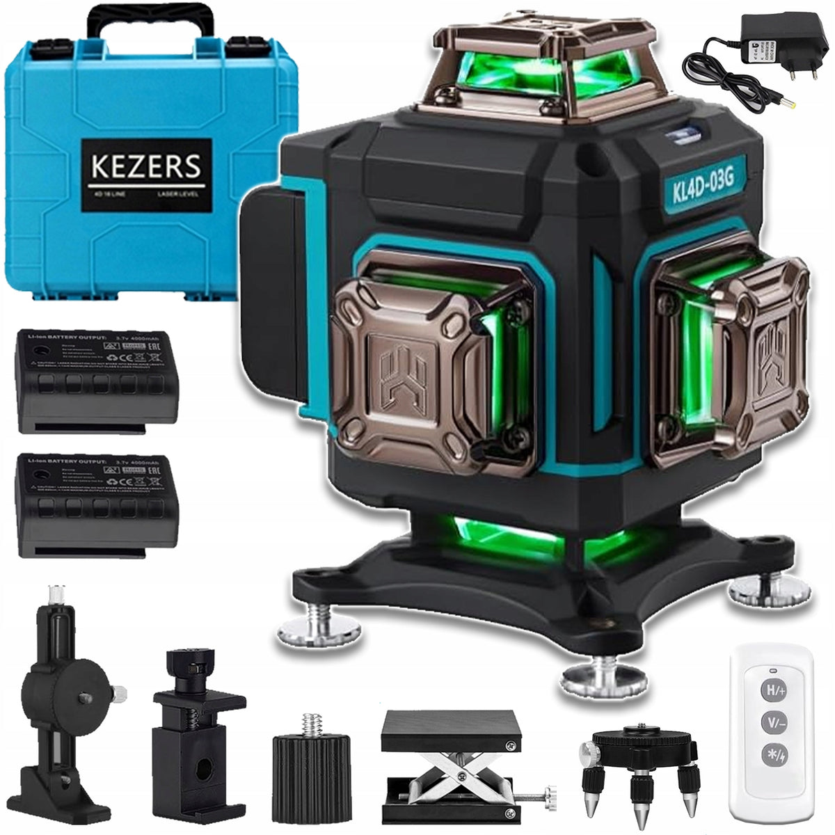 16 linii poziomica laserowa professional 4D cross laser zestaw 2X AKU niwelator budowlany, zielona wiązka 360° do ścian