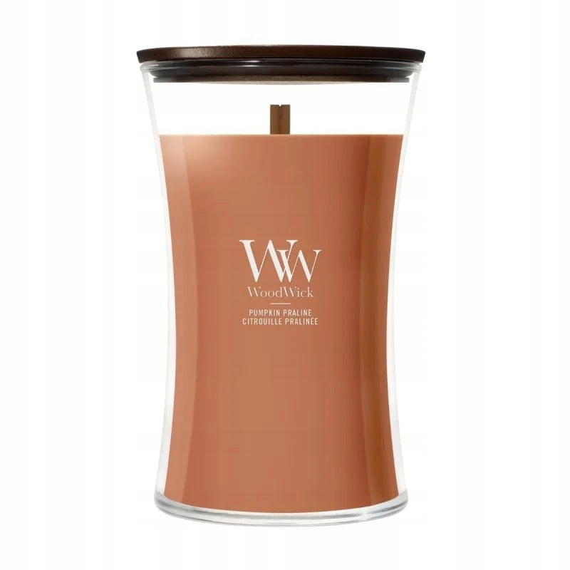 WoodWick Pumpkin Praline - świeca zapachowa duża 610 g drewniany knot, do salonu i sypialni, ponad 75 godzin palenia