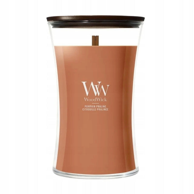 WoodWick Pumpkin Praline - świeca zapachowa duża 610 g drewniany knot, do salonu i sypialni, ponad 75 godzin palenia